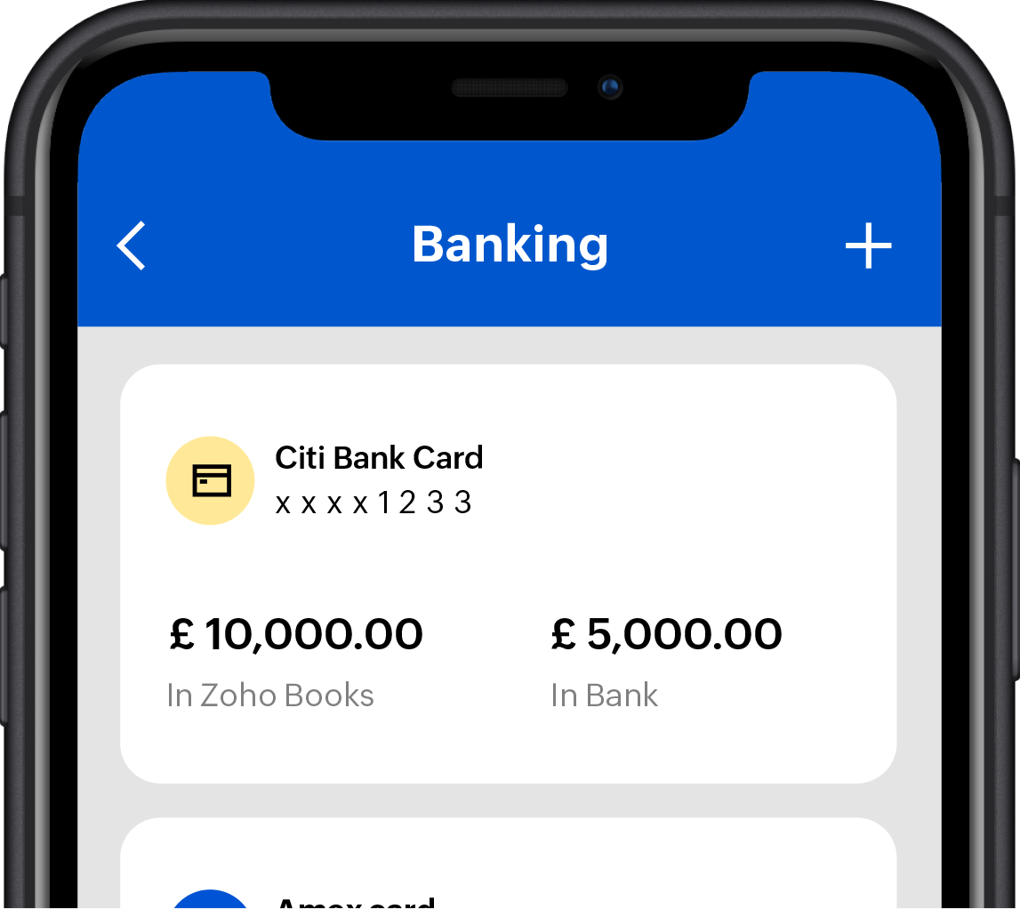 Zoho Books mobile app interface shows the banking module